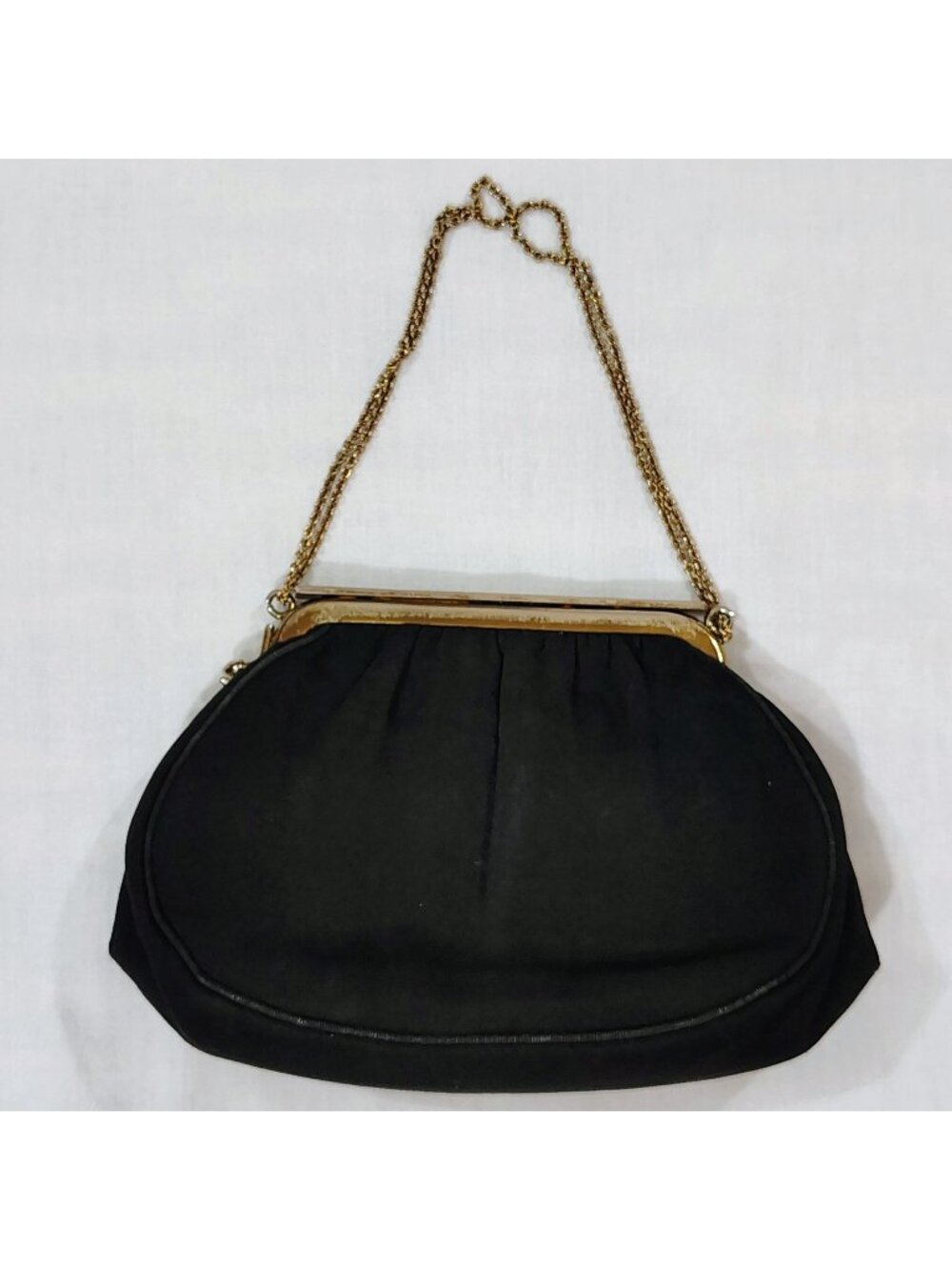 Vintage Black Evening Purse Gold-tone Chain Side Kiss Lock Clutch Handbag MCM